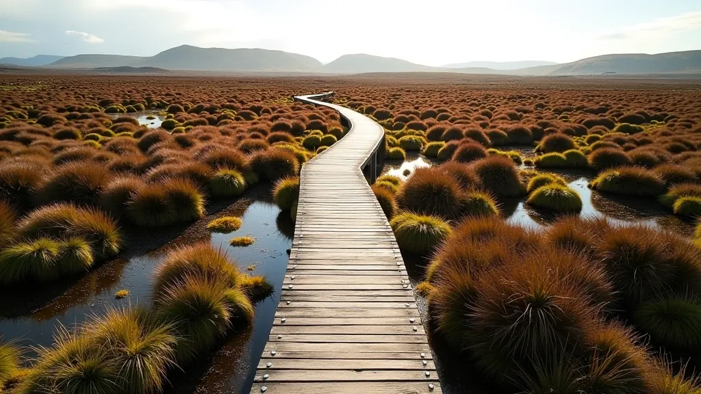 Elevated wooden boardwalk through bogland with native vegetation