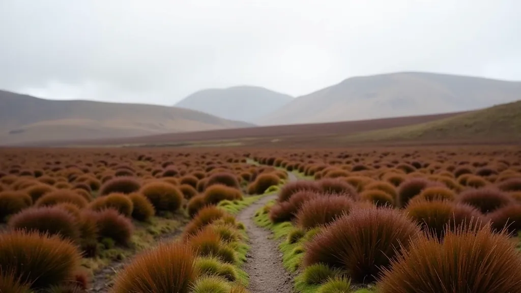 Blanket bog landscape with heather and moss, low vegetation stretching to distant mountains under grey Irish sky