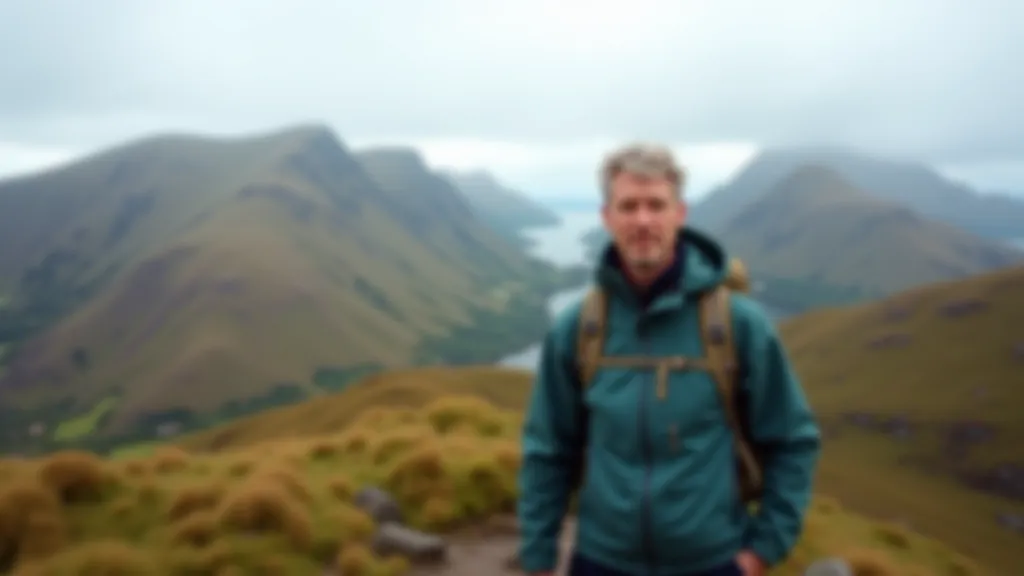 Person on mountain ridge with clear valley views, wearing appropriate hiking attire and visible water bottle
