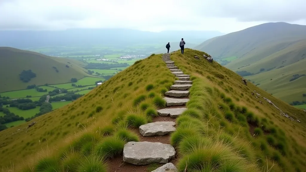 Mountain trail with exposed stone steps ascending through grassy hillside with valley views below