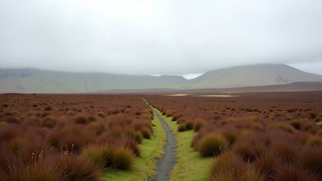 Wide view of bogland landscape with distant horizon, sparse vegetation in natural colors, overcast Irish sky creating moody atmosphere