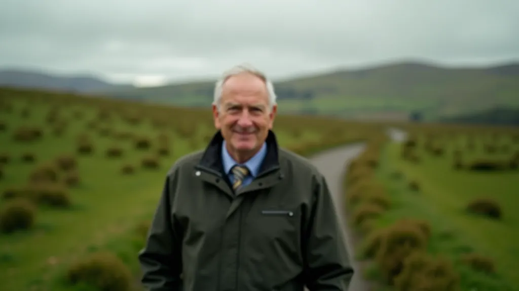 Man in professional outdoor wear, portrait from chest up, confident pose, countryside background