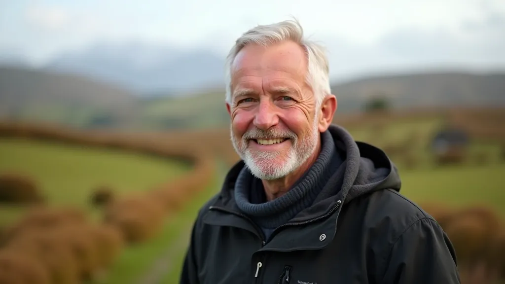Man in outdoor gear, portrait from chest up, friendly expression, natural scenery behind, morning light