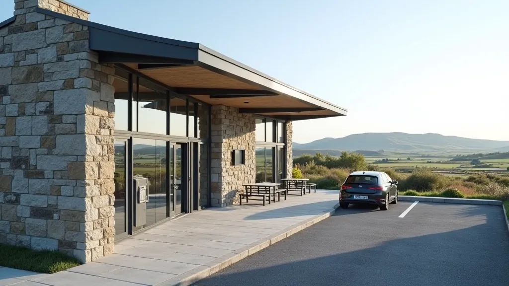 Visitor center building with accessible parking area and entrance ramp, modern stone architecture with windows overlooking bog landscape