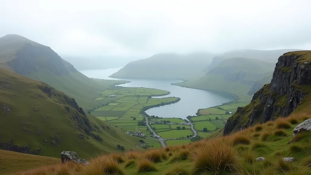 Mountain landscape showing three lakes visible from elevated ridge position with atmospheric clouds