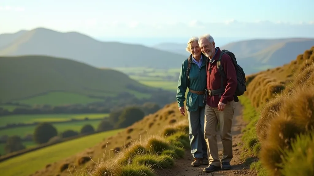 Senior hikers on scenic Irish mountain trail with green valleys and distant coastline