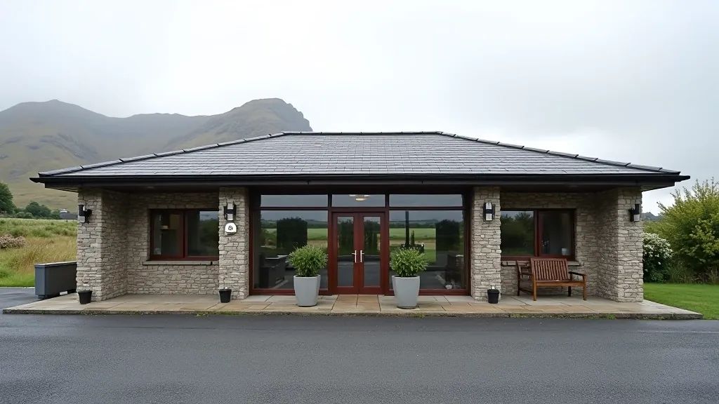 Connemara National Park visitor center with stone building architecture surrounded by native trees and parking area