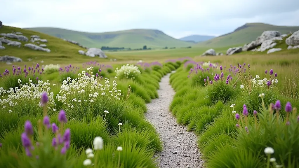 Karst limestone landscape with walking trail through wildflower meadow
