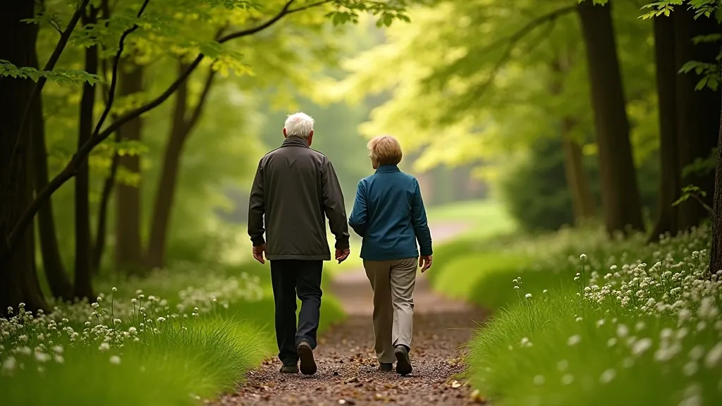 Senior couple walking together on peaceful woodland path surrounded by green trees and natural undergrowth