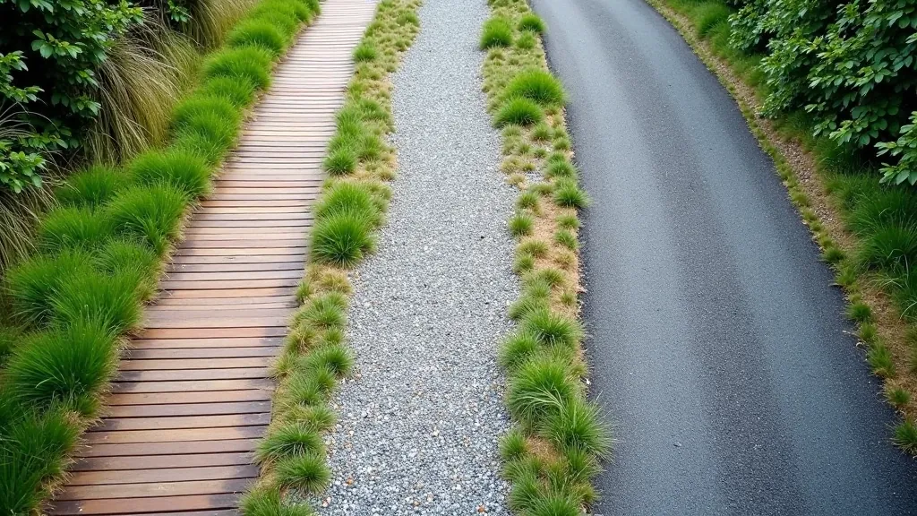 Close-up of different trail surfaces showing wooden boardwalk, compacted gravel path, and stone trail in natural lighting
