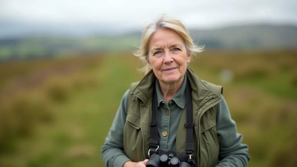 Woman with binoculars around neck, portrait from chest up, nature setting, professional attire