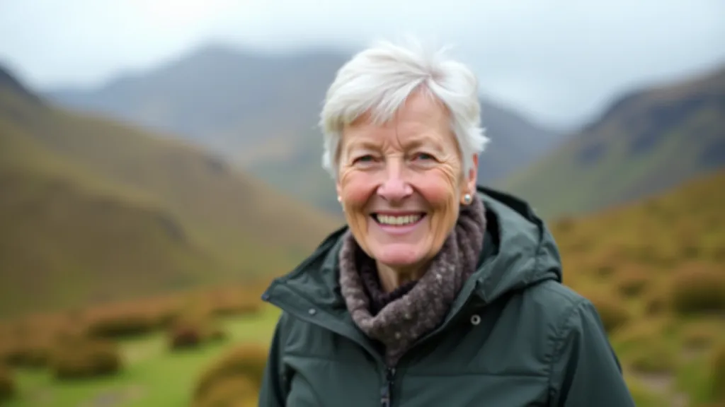 Woman in outdoor hiking gear, portrait from chest up, confident smile, mountain background, natural lighting