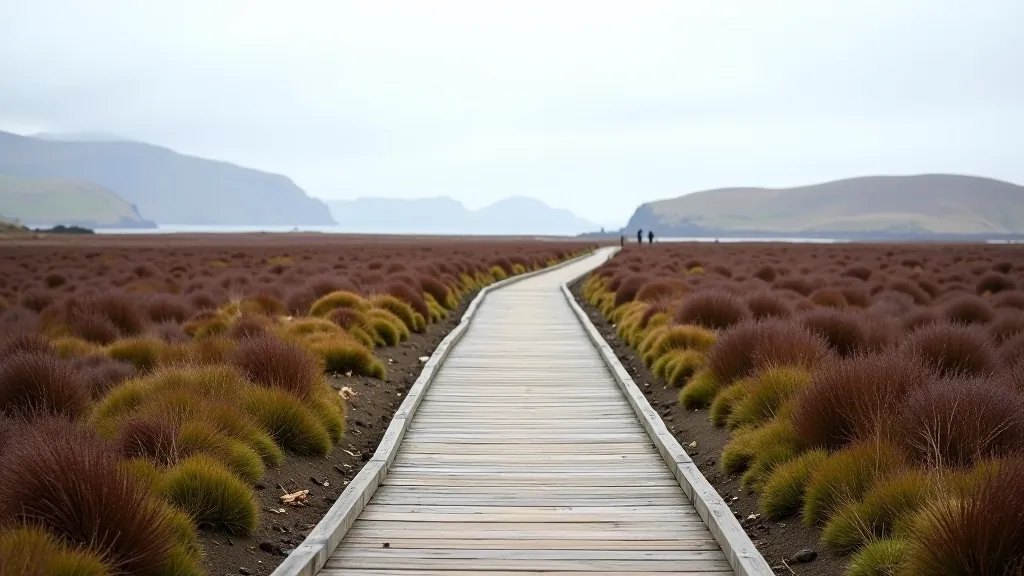 Wooden boardwalk winding through coastal bog landscape with low vegetation and distant hills in morning light